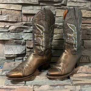 $429 Frye Daisy Duke Sparkly Metallic Bronze Tan Rhinestone Pull-On Boots 7